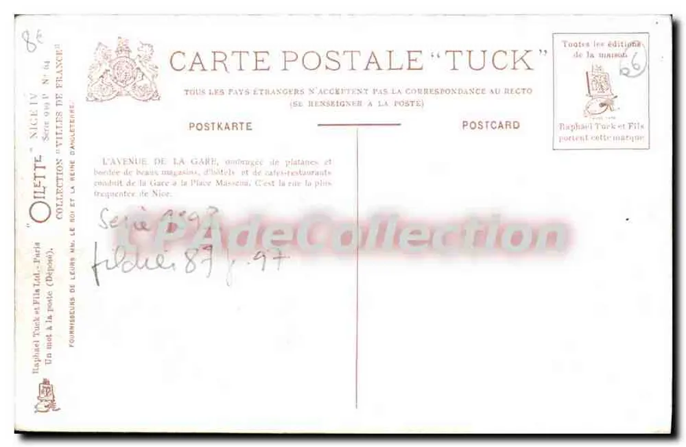 Nice. A Avenida da Estação — Raphael Tuck & Fils, Série IV, N° 66 - Verso