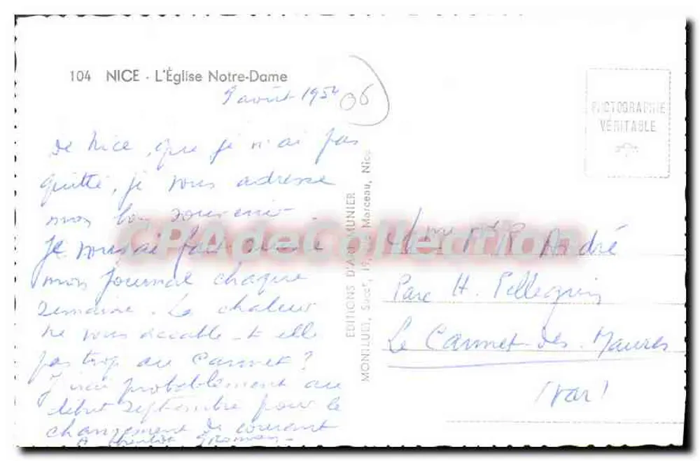 Nice - Ansicht der Kirche Notre-Dame — Éditions d'Art Unier, Nr. 104 - Rückseite