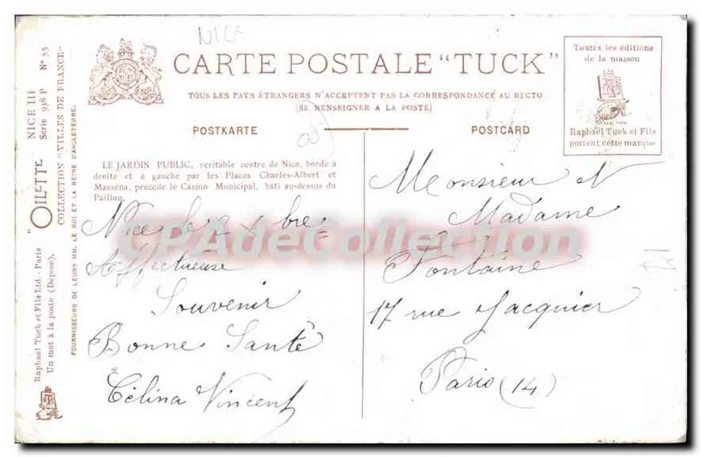 El Jardín Público y el Casino — Niza — Editor Oïllette, n° 25 - Reverso