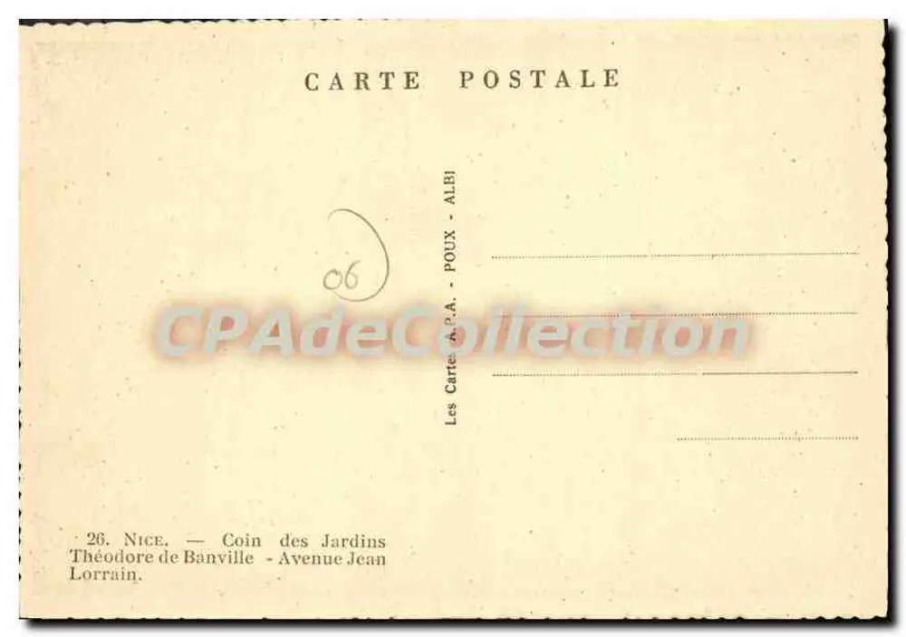 Nice — Ecke der Gärten — Théodore de Banville — Avenue Jean Lorrain — Verlag POUX - ALBI - Rückseite
