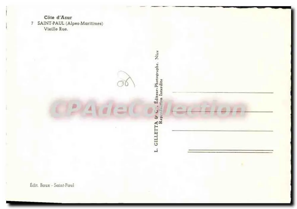 Saint-Paul (Alpes-Maritimes) — Rue Velha — L. Gilletta & Cie, Editor, Saint-Paul - Verso