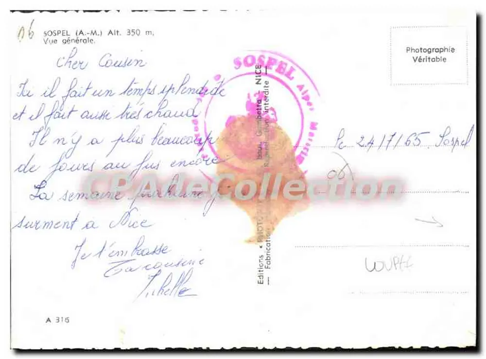 Sospel — Vista geral — Editores em Nice, n° A 315 - Verso