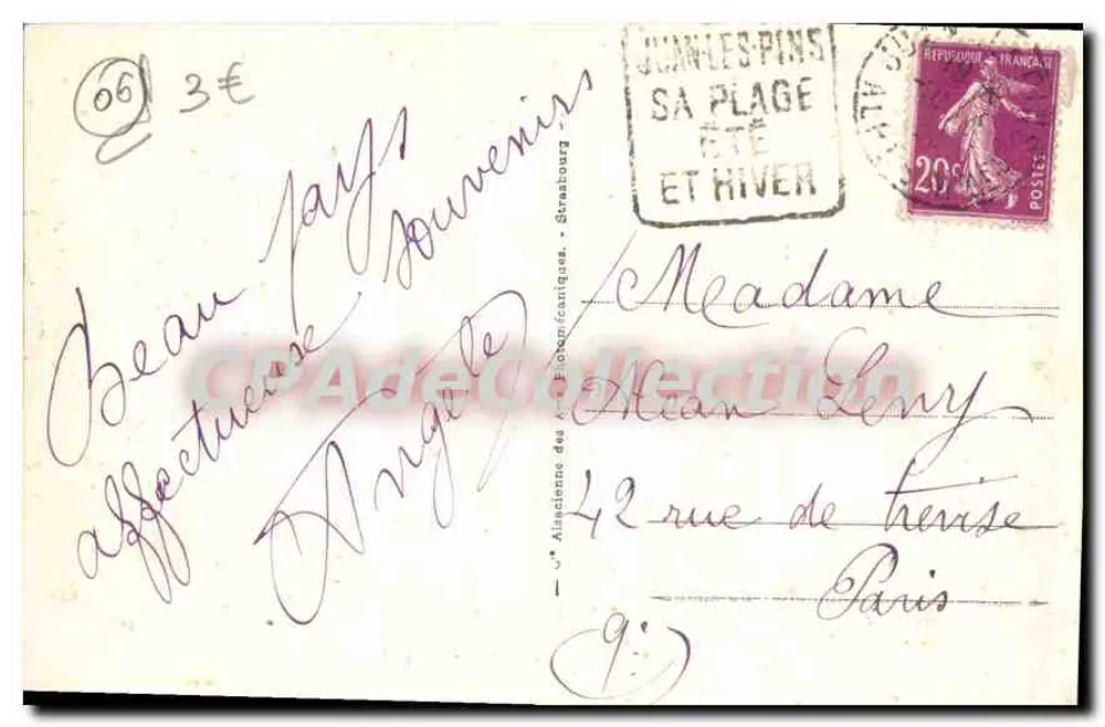 Juan-les-Pins — A Promenade e a Praia — Bilhete postal antigo n°177, editor AHE - Verso