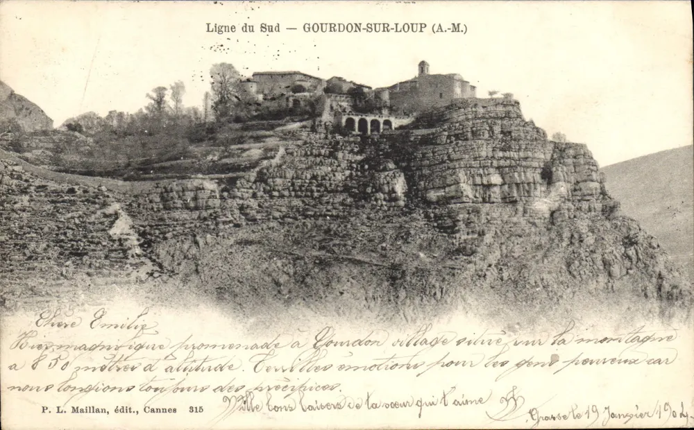 Gourdon-sur-Loup (A.M.) — aldeia situada em falésia — P. L. Maillan, editor, Cannes 315 - Frente