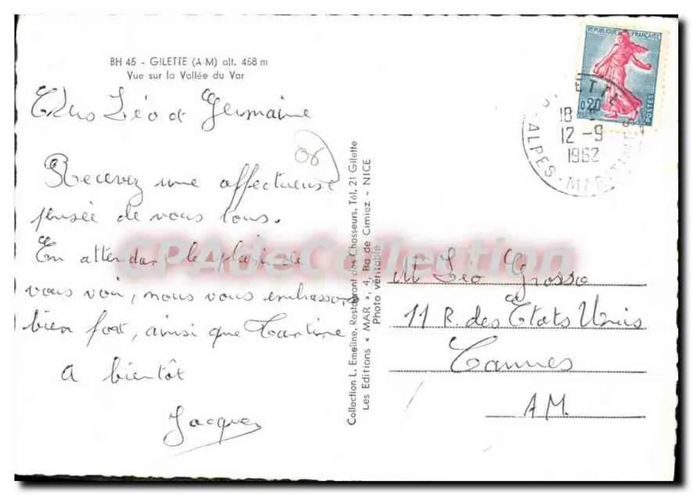 Vista sulla Vallee del Var — BH 45 - GILETTE (A.M.) alt. 458 m — Les Editions des Chasseurs, Tél. 21 Gilette - NICE - Verso