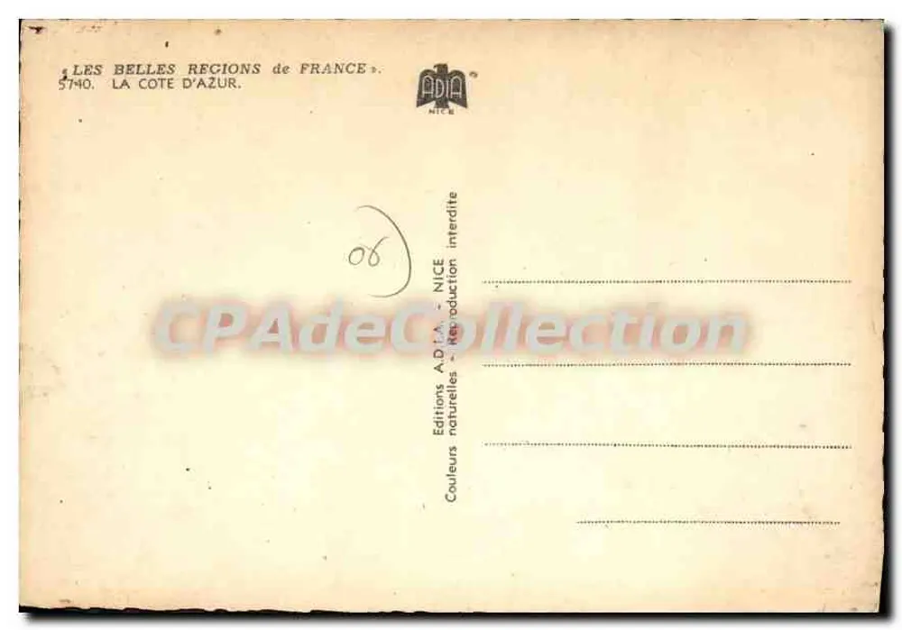 Côte d'Azur — Ilustrowana karta pocztowa — Wydawnictwo A.D.I.A. NICE, nr 5740 - Rewers