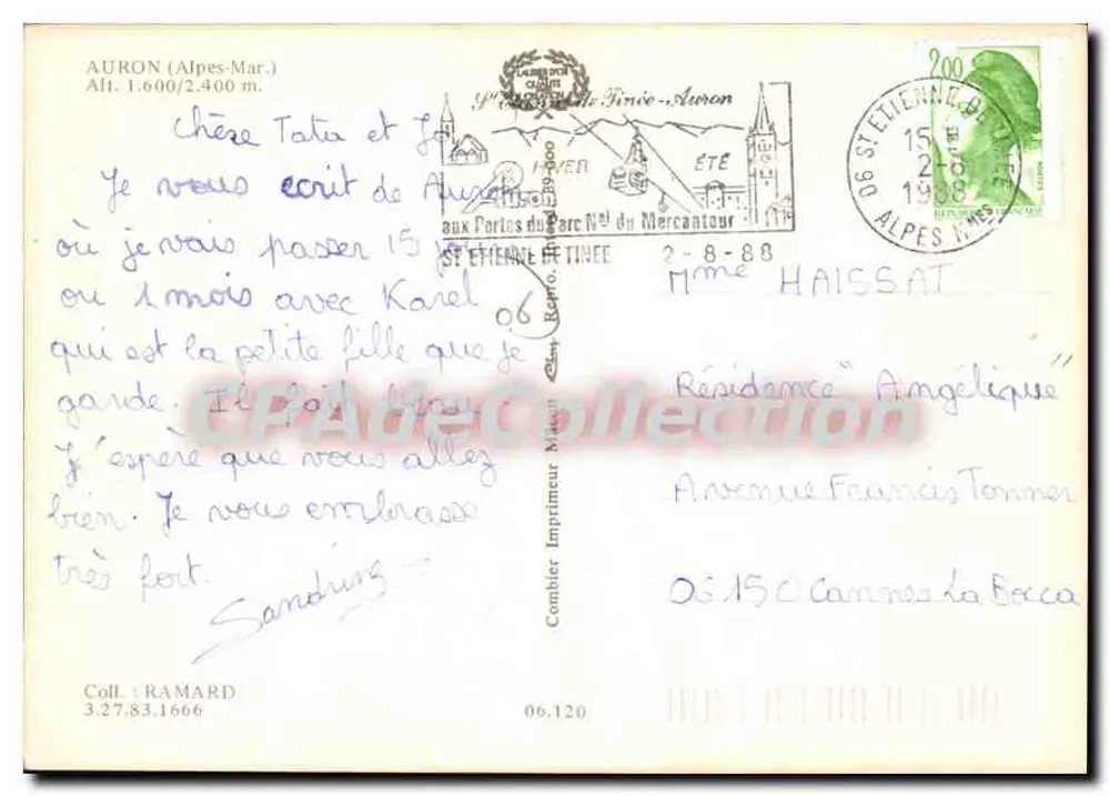 Auron (Alpes-Maritimes) — vista do complexo esportivo e do hotel « Résidence Angélique » — Imprimeur Combière N° 06.120 - Verso