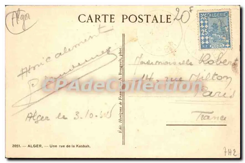 Alger — Uma rua da Kasbah — edit. Horizons de France — n° 2051 - Verso