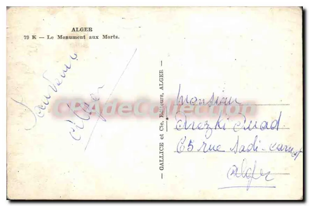 Argel — O Monumento aos Mortos — Gallice e Cie, Argel - Verso