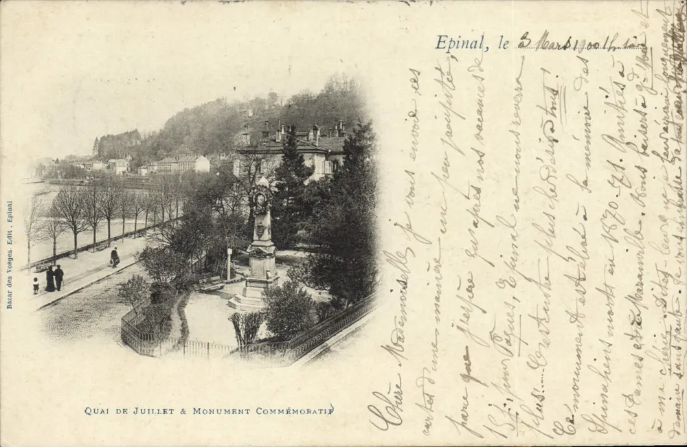 Cais de Julho & Monumento Comemorativo — Epinal — Editor: Bazin des Vosges, número de série não visível - Frente
