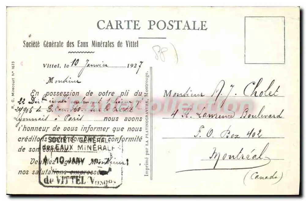 Vittel — Avenue Ambroise Bouloumie — Société Générale des Eaux Minérales de Vittel - Rückseite