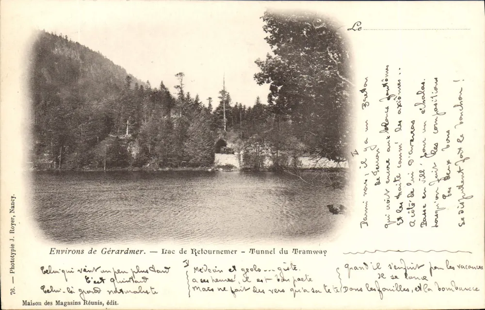 Umgebung von Gérardmer — See Retournemer — Tramway-Tunnel — Phototypie J. Royer, Nancy — Nr. 76 — Maison des Magasins Réunis, Verlag - Vorderseite