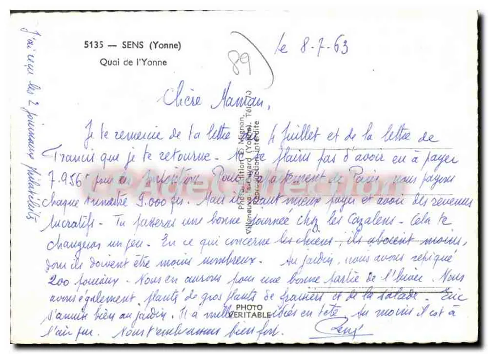 Margem da Yonne em Sens — Yonne — Editor E. Mignon, n° 5135 - Verso