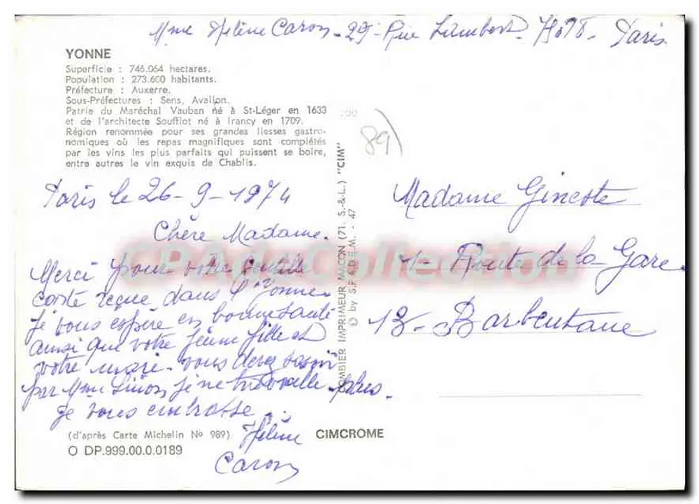 89 YONNE — Touristische Karte mit Straßenkarte und Ortsfotos — Drucker CIMCROME - Rückseite