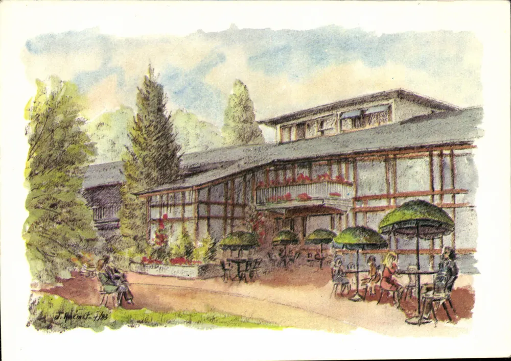 Terrasse du Salon-Bar — Villages Vacances Familles «le Normont» — route d'Étampes Dourdan — Zeichnung von J. Helmet 1983 - Vorderseite