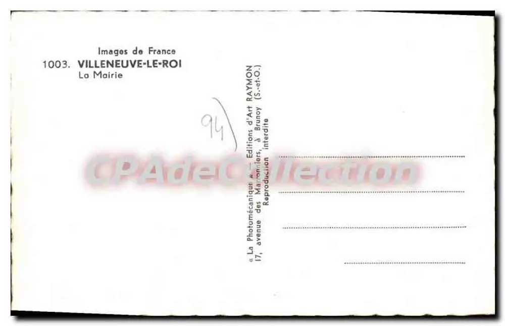 Villeneuve-le-Roi — Das Rathaus — Éditions d'Art Raymond - Rückseite