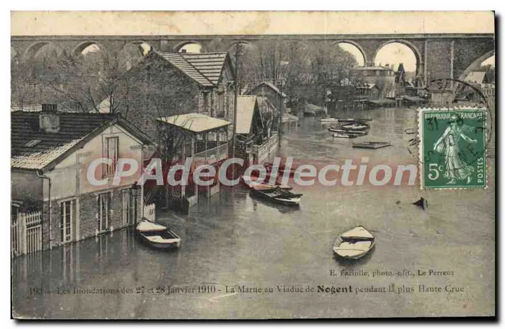 Die Überschwemmungen vom 27. und 28. Januar 1910 - Die Marne am Nogent-Viadukt während der höchsten Flut — E. Facielle, photo.-verlag, Le Perreux - Vorderseite