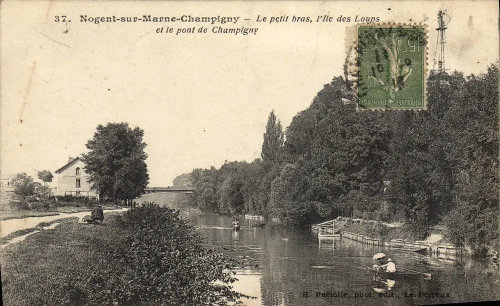 Nogent-sur-Marne-Champigny — Ansicht des kleinen Arms, der Insel der Wölfe und der Brücke von Champigny — E. Paciollle, fot. Edit. Le Perreux - Vorderseite