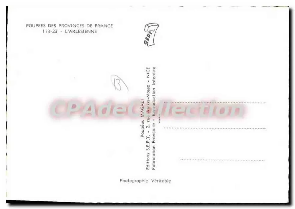 Arlesian Puppe — Serie 113-23 — Editions MAGALI, Nizza - Rückseite