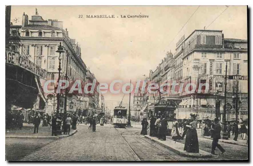 Marseille - A Cannebière — vista da rua com trêm e pedestres — editor desconhecido, n° 22 - Frente