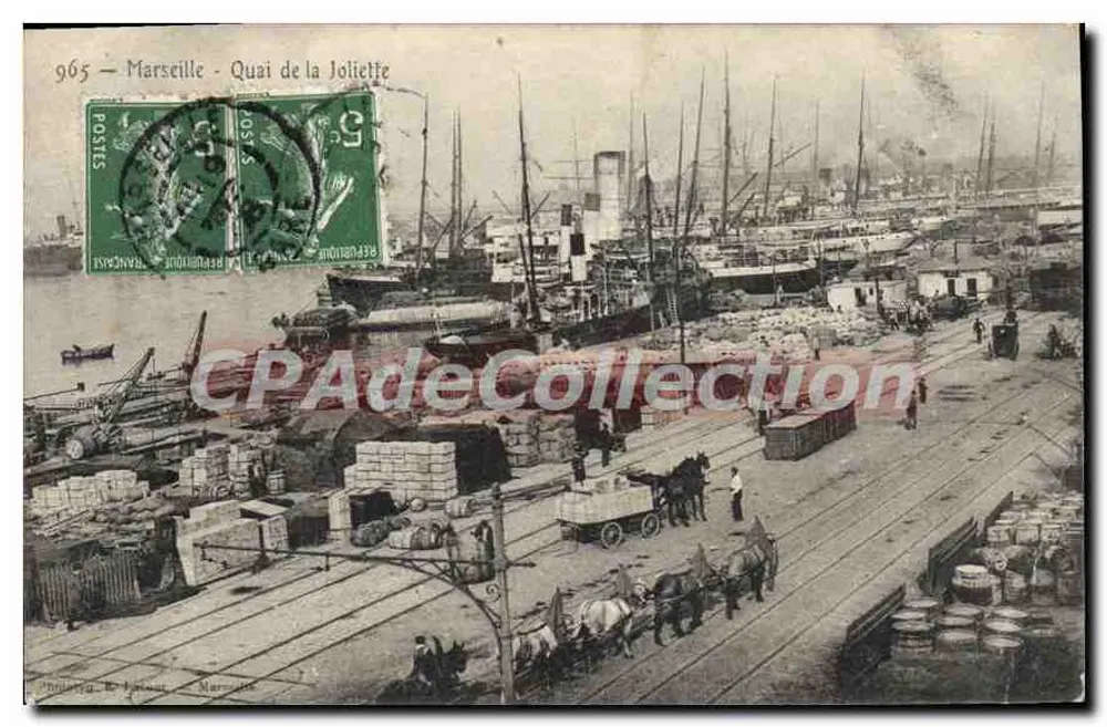 Marselha - Calçadão da Joliette — vista do porto com barcos e carruagens — editor: Imprensa Le Doyen, Marselha, n° 965 - Frente