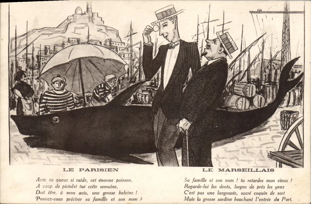 Parisian und Marseillais — Karikatur zweier Männer, die über eine Wale am Meer diskutieren — Verleger: LE PARISIEN - Vorderseite