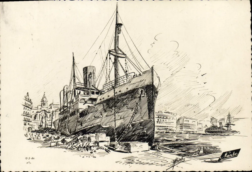 Marseille — Navire à quais dans le Vieux Port — dessin de G. Thelbs, éd. Narbo, n° 1850 - Recto