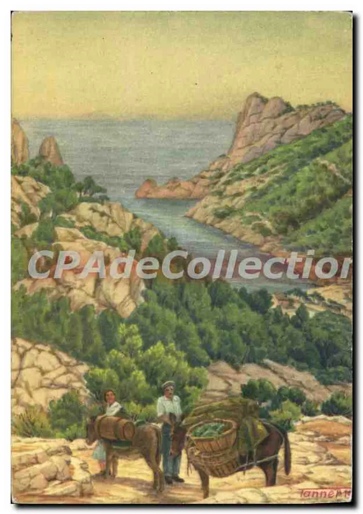 Marseille : La Calanque de Sormiou — vue panoramique avec deux personnes et ânes — éditeur Lanne — n°17 - Recto