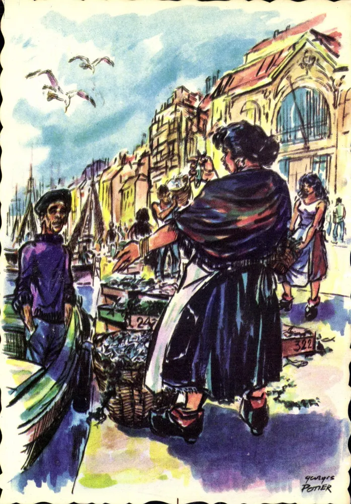 Mercado de pescadores en Marsella — ilustración — Georges Potier - Anverso
