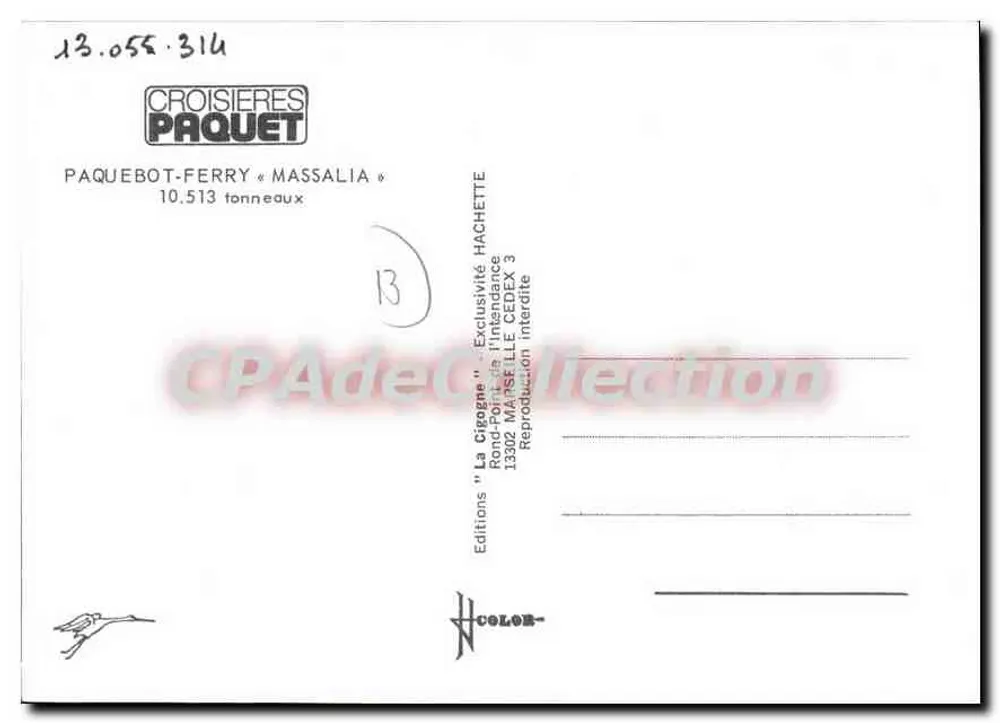 Paquebote-Ferry « Massalia » — 10.513 toneladas — Edições La Cigogne, Marselha - Verso