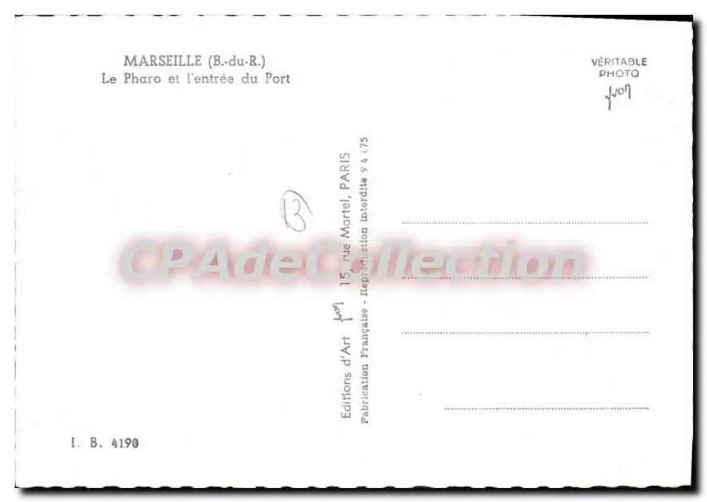 Marseille (B.-du-R.) — Le Pharo et l'entrée du Port — Éditions d'Art Martel, Paris, n° 4190 - Rewers