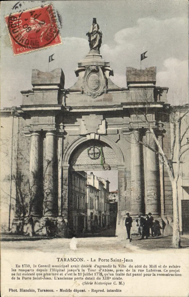 Tarascon - A Porta Saint-Jean — antiga porta do século XIII, com texto histórico — Phot. Blanchin, Série histórica C.M. - Frente
