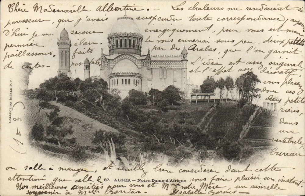 Alger - Notre-Dame-d'Afrique — vista do santuário com escrita manuscrita — editor P.S. - Frente
