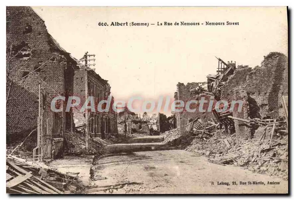 Albert (Somme) — A Rua de Nemours — Ruínas após a guerra — R. Lelong, 21, Rue St-Martin, Amiens - Frente