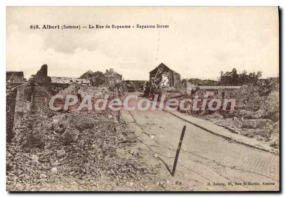Albert (Somme) — A Rua de Bapaume — editor R. Lelong, 21, Rue St-Martin, Amiens - Frente