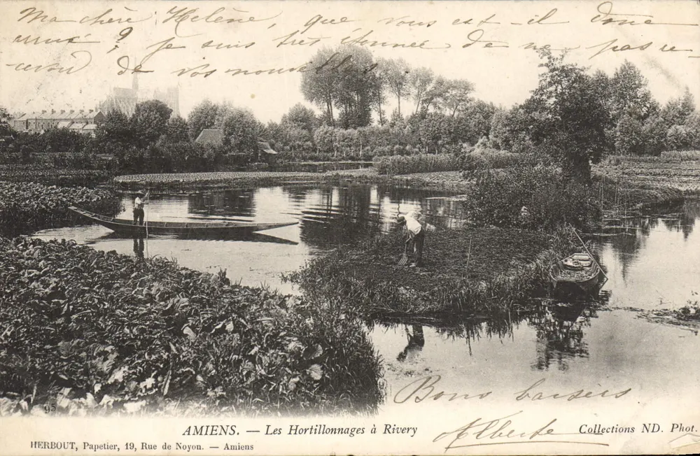 Amiens — Os Hortillonnages em Rivery — HERBOUT, Papetier, 19 Rue de Noyon - Frente