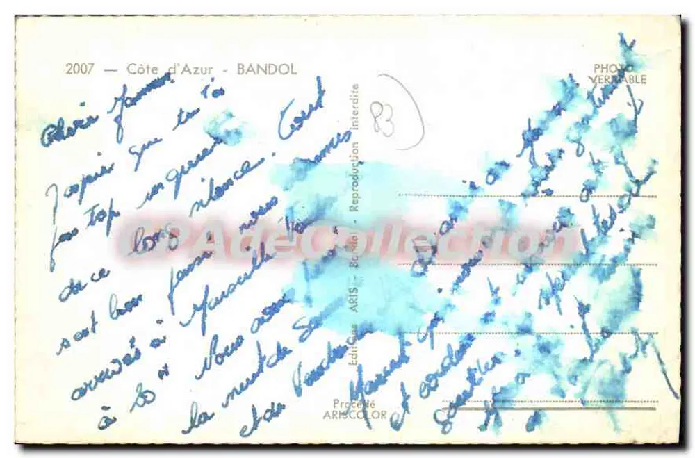 Bandol — Côte d'Azur — Éditeur ARIS, n°83 - Verso