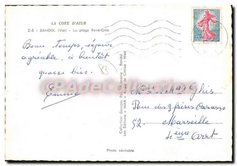A Praia René-Cros — Bandol (Var) — Éditions « MAR » - Verso