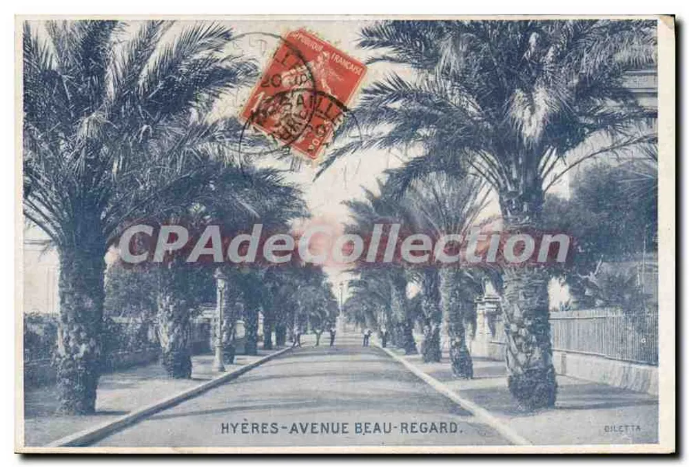 Hyères-Avenue Beau-Regard — vista de avenida sombreada por palmeiras — editor Bilelta, n°6 - Frente