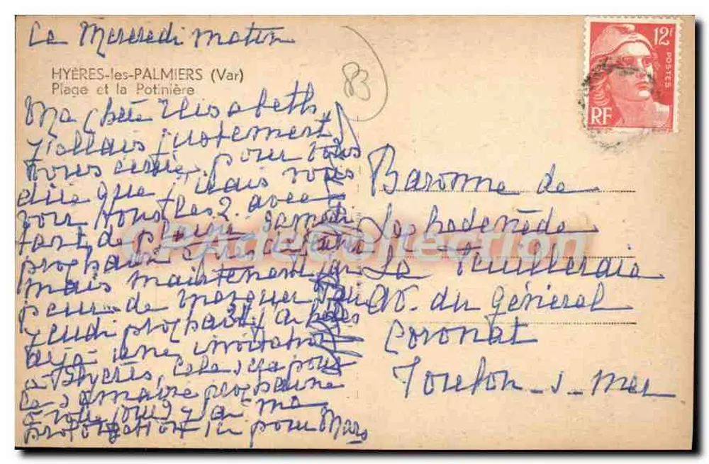 Strand und La Potinière — Hyères-les-Palmiers (Var) — Vintage Postcard/Antike Ansichtskarte - Rückseite