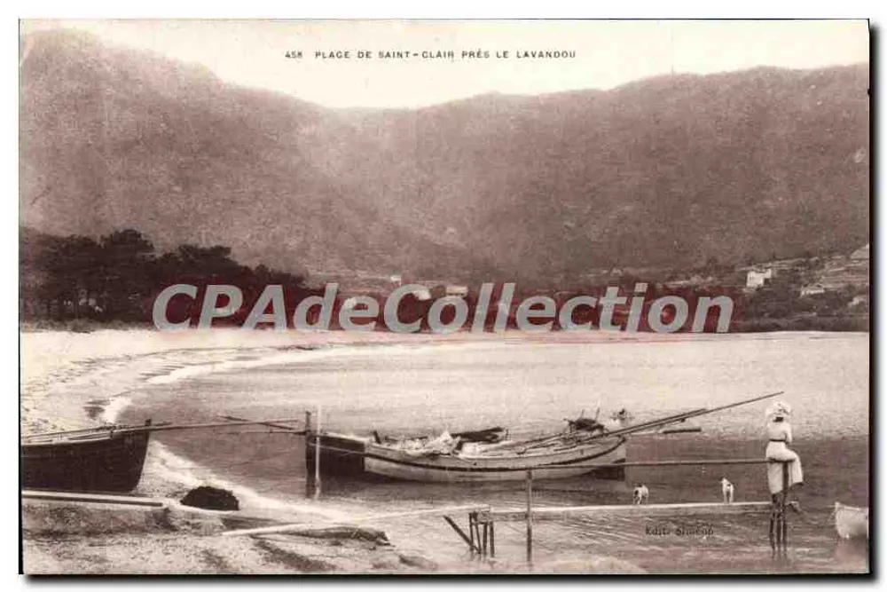 Place Saint-Clair obok Le Lavandou — widok plaży z łodziami — wydawca Kaito Shutoon, nr 458 - Awers