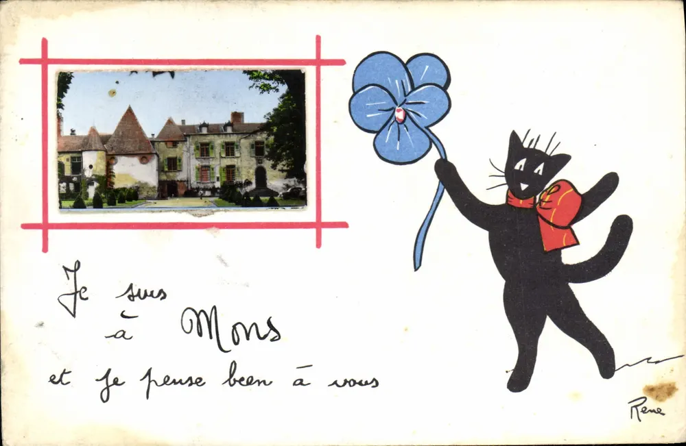 Château de Mons — Zeichnung eines schwarzen Katzen, die eine blaue Blume hält — Verlag CPAPadeCollection - Vorderseite