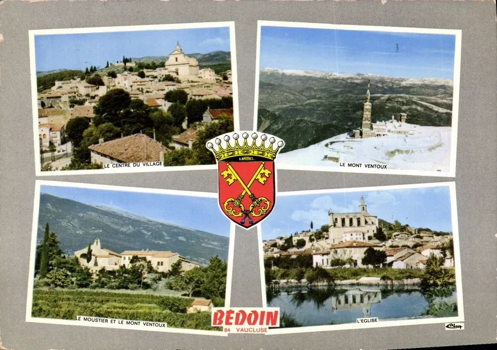 Bédoin — O centro do vilarejo, o Mont Ventoux, o Mouustier e a igreja — Editor C. Blason - Frente