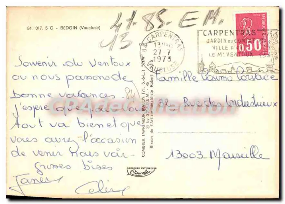 Bédoin — O centro do vilarejo, o Mont Ventoux, o Mouustier e a igreja — Editor C. Blason - Verso