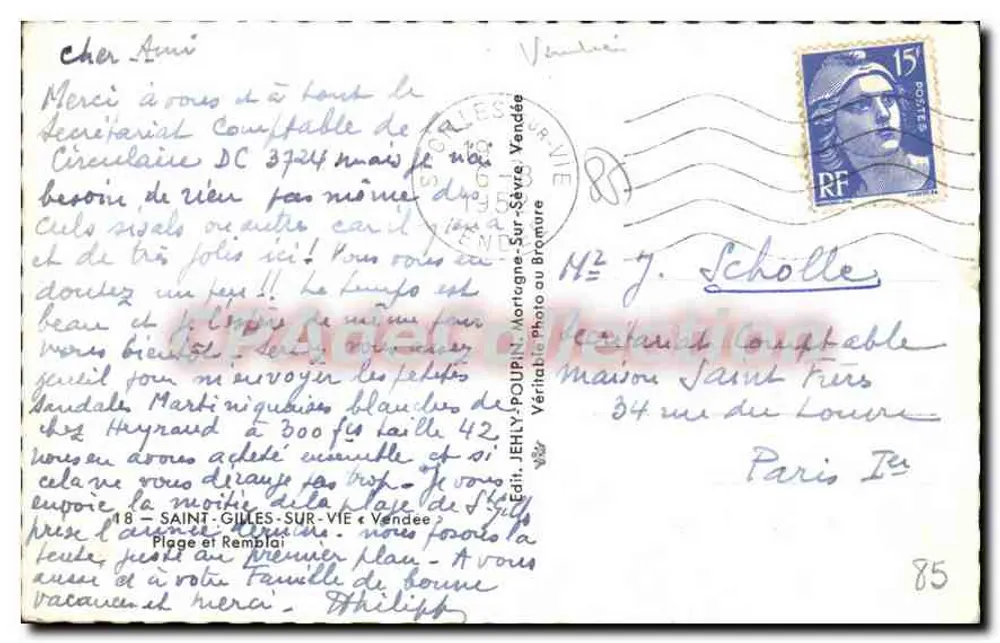 Strand von Saint-Gilles-sur-Vie — Ansicht von der Promenade — Verlag JEHLY, n°18 - Rückseite
