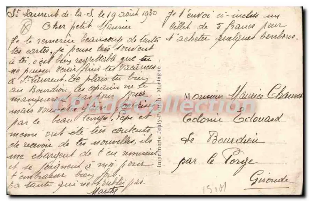 Saint-Laurent-de-la-Salanque — Carta para Maurice Charnet — Impressora Joly-Pomme, Mortagne - Verso