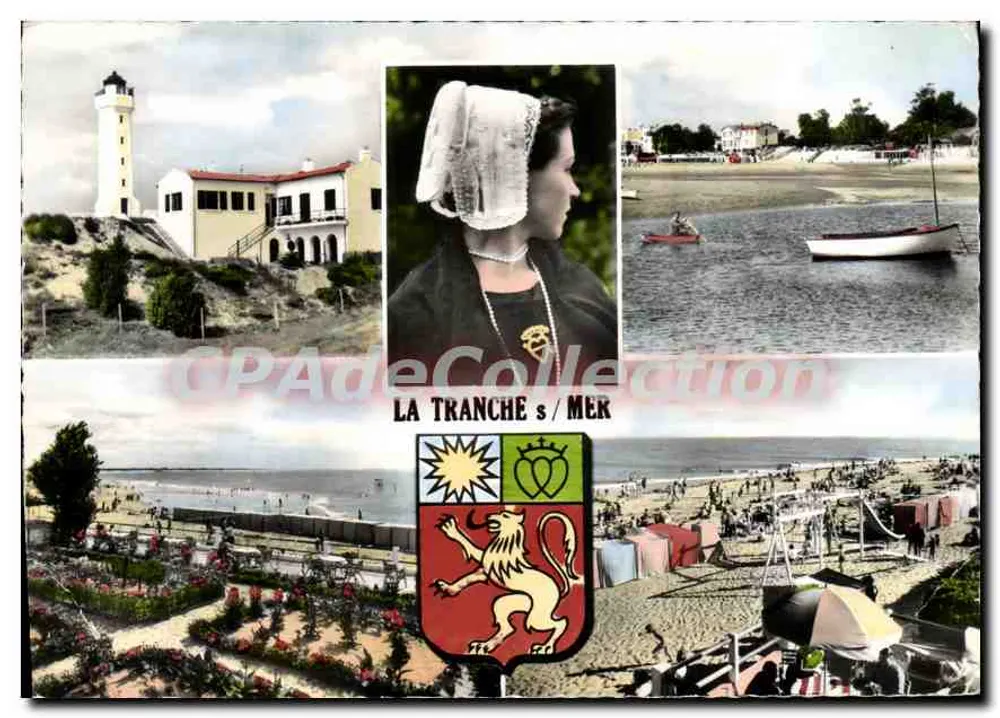 La Tranche-sur-Mer — vista de farol, praia, barco, mulher com touca, jardim — Edição da Europa - Frente