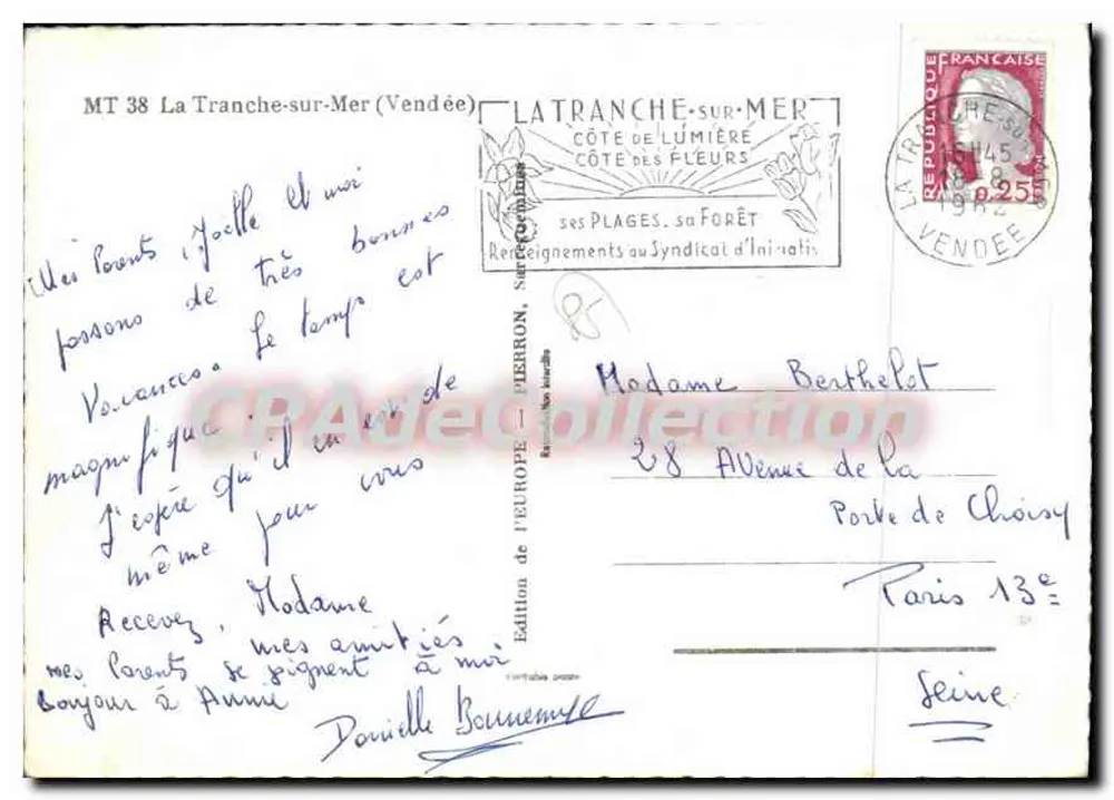 La Tranche-sur-Mer — vista de farol, praia, barco, mulher com touca, jardim — Edição da Europa - Verso