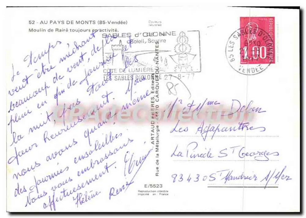 Mühle von Rairé — Sables-d'Olonne (85-Vendée) — Édition Artaud Frères - Rückseite