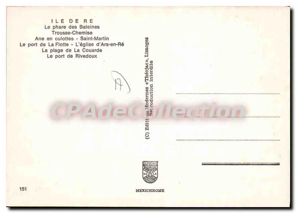 Île de Ré — Tourist Postcard with Map and Photos — Éditions Modernes « Théolac », Limoges, n°151 - Rückseite